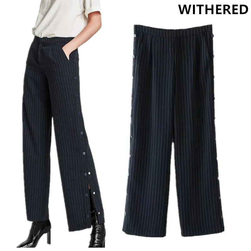 Withered 2017 harem pants women pants vintage preppy side striped botton high waist striped urban pants wide leg pants women