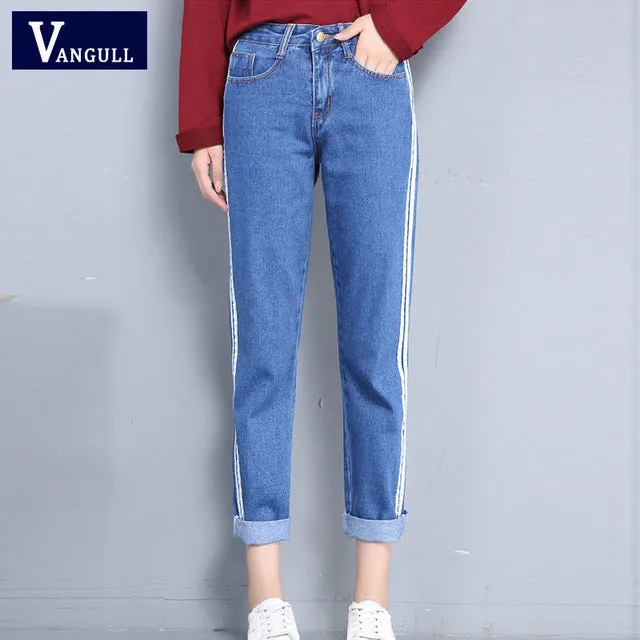 woman side striped Harem jeans zipper plus size denim pants preppy style pocket 4 color Ankle-length casual Spring VANGULL 2018