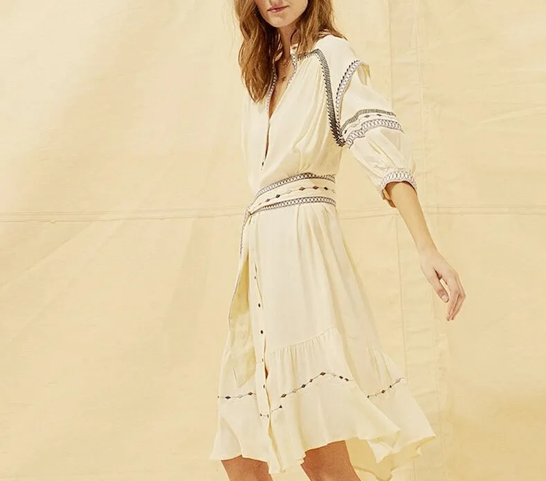 Women V-neck Embroidered Belt Vintage Dress