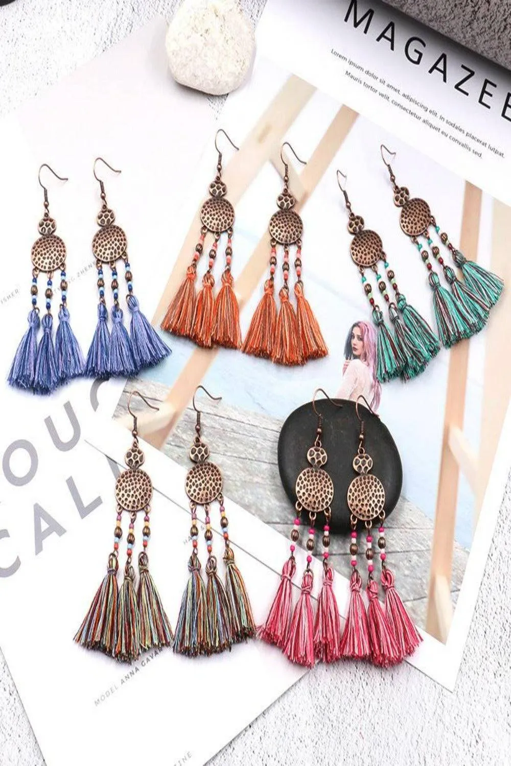 Woven Silk Geometric Fan Tassel Bohemian Earrings